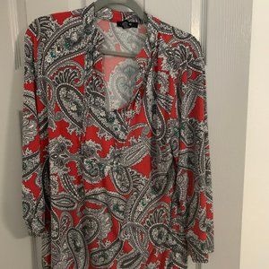 Red v neck tunic with gray paisley design